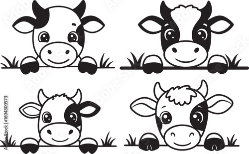Four cute cow faces peeking over a fence silhouette
