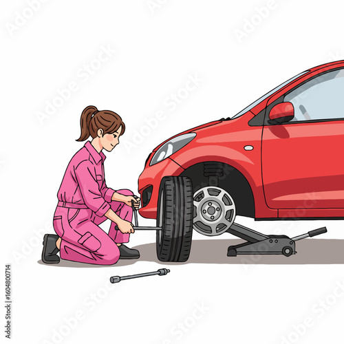 A professional mechanic repairing a vehicle, changing a tire, fixing damage, and carrying tools. Perfect for posters, books, and online articles about car maintenance and auto repair