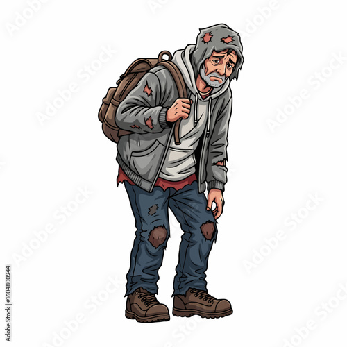 A depiction of homeless people and struggling workers facing economic hardship and seeking help. Perfect for posters, books, and online articles about poverty, labor, and social support