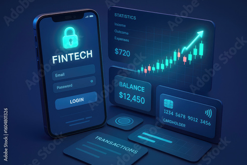 Glowing Digital Finance Interface with Stock Chart and Credit Card fintech mobile app