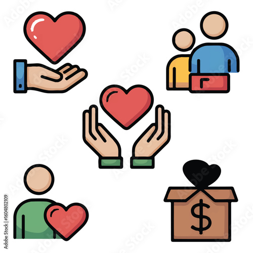 A set of flat icons illustrating various acts of kindness, love, and charitable giving