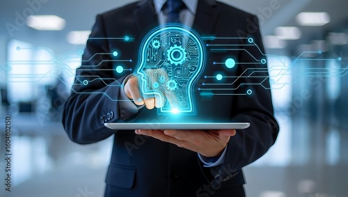 Businessman holding tablet displaying glowing ai brain hologram with circuits and data streams