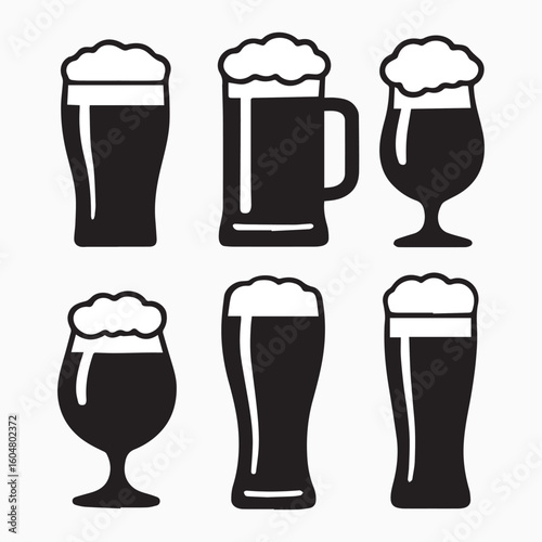 Black and White Beer Glass Silhouettes: A Collection of Six Unique Pints with Frothy Tops, Ideal for Drink Menus