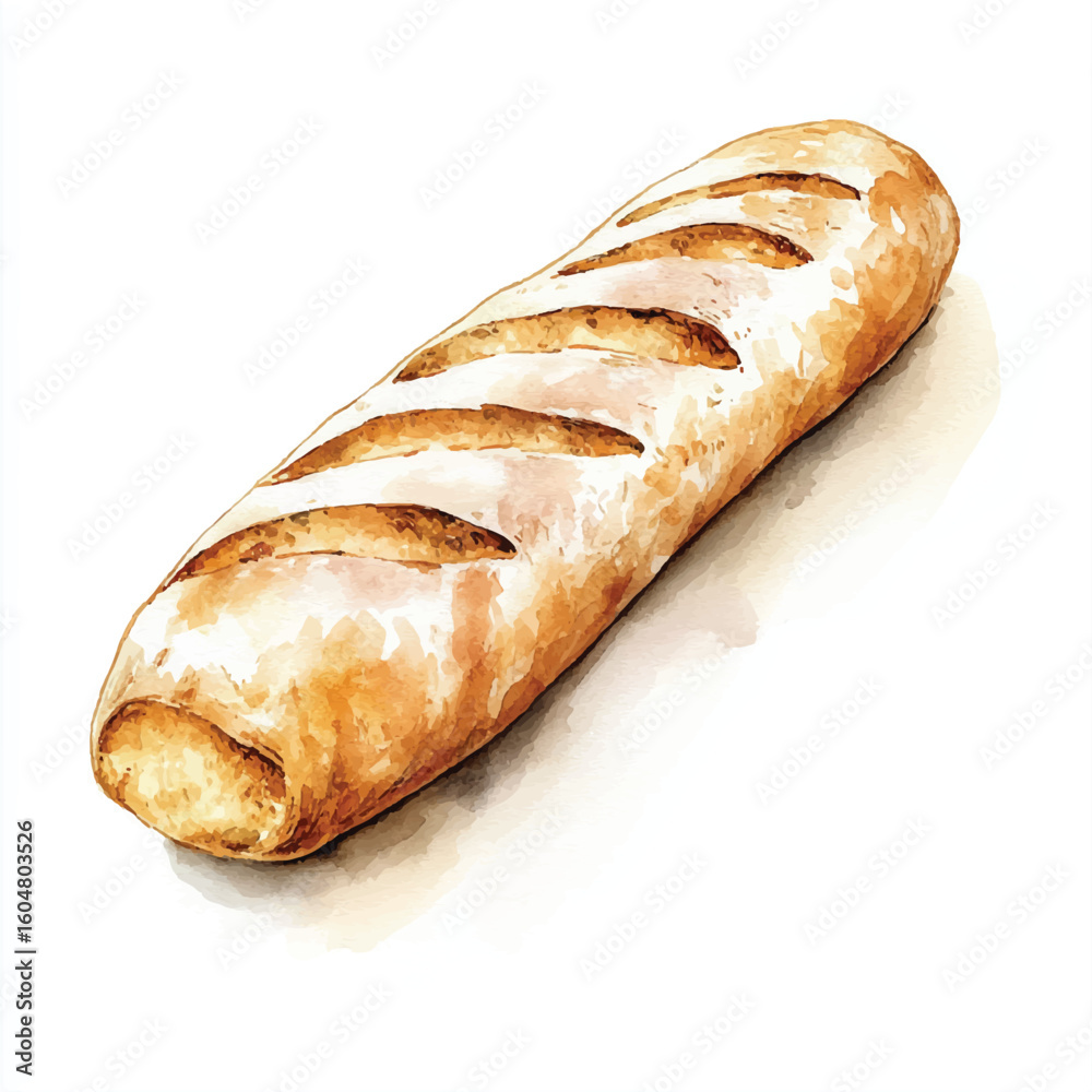 Watercolor Illustration of a Freshly Baked Golden Brown Baguette
