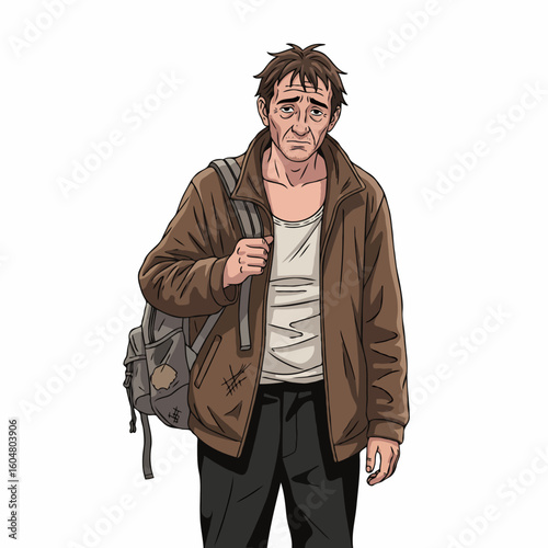 A depiction of homeless people and struggling workers facing economic hardship and seeking help. Perfect for posters, books, and online articles about poverty, labor, and social support