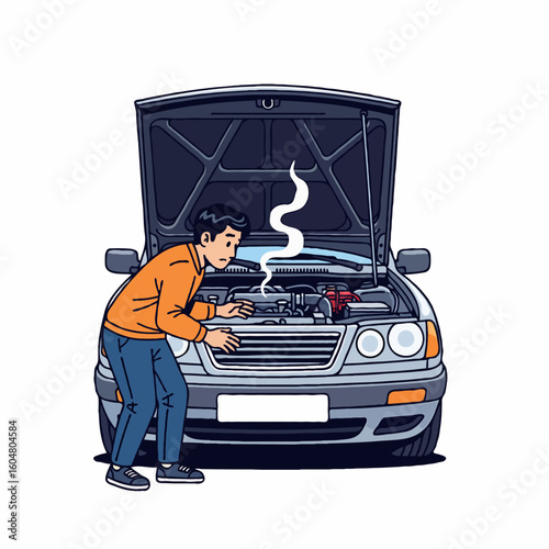 A panicked driver looking at a broken down vehicle with engine trouble, showing travel disruption and the need for urgent repair. Perfect for posters, books, or online articles about car issues