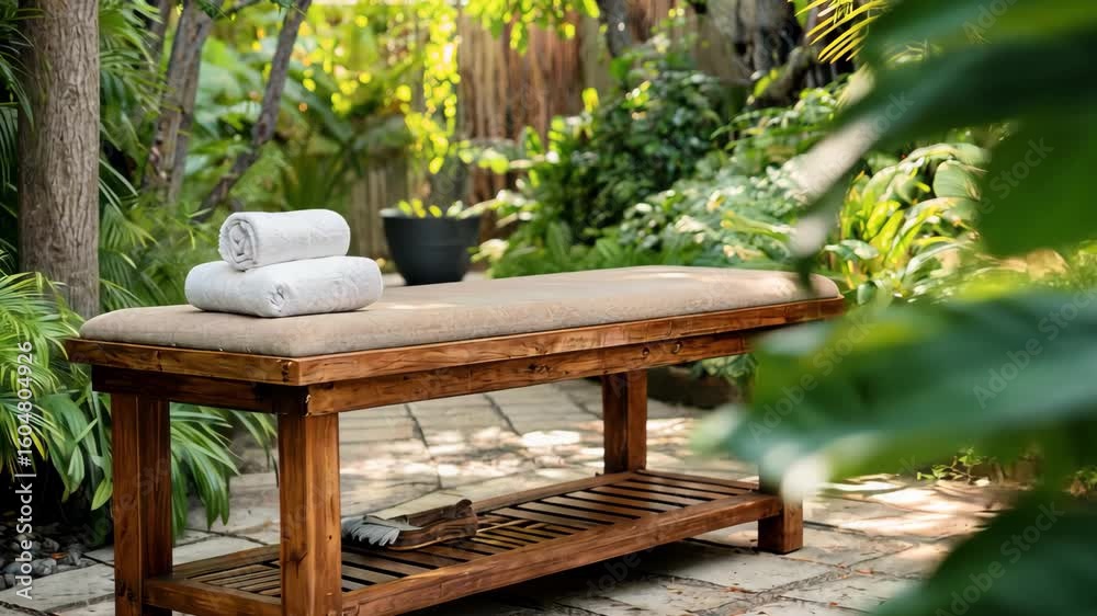 Wooden spa bench with stacked white towels in lush green garden setting, 4k video Wooden spa bench with stacked white towels in lush green garden setting, 4k video