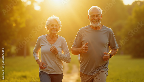Active senior couple jogging in a sunny park, enjoying healthy lifestyle. Smiling, energetic, cinematic scene created with generative AI using Flux. Perfect for wellness and aging themes.