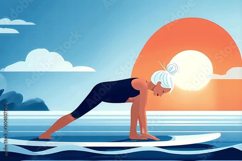 Motion video of woman with white hair tied back in a casual bun. Full-length portrait practicing yoga pose