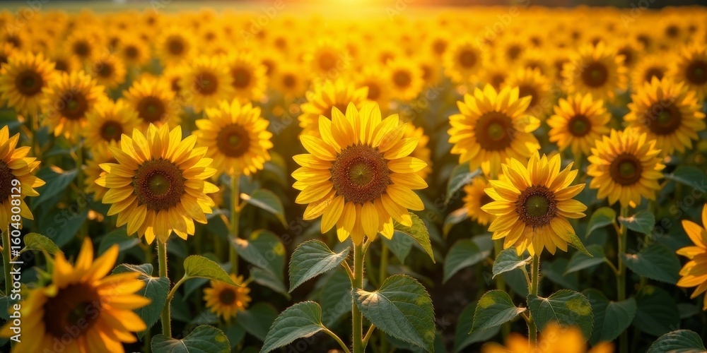 Obraz premium Golden Hour Sunflowers in a Vast Field, Basking in the Warmth of the Setting Sun, Their Vibrant Petals Glowing with Natural Light