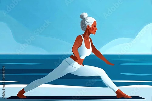 Motion video of woman with white hair tied back in a casual bun. Full-length portrait practicing yoga pose