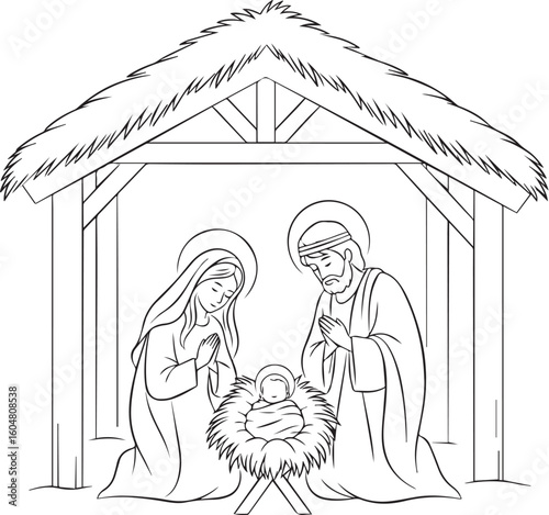 Holy family nativity scene with stable and halos jesus mary