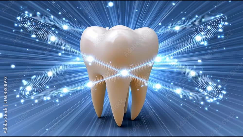 Vibrant Conceptual Illustration of a Tooth Surrounded by Glowing Light Effects