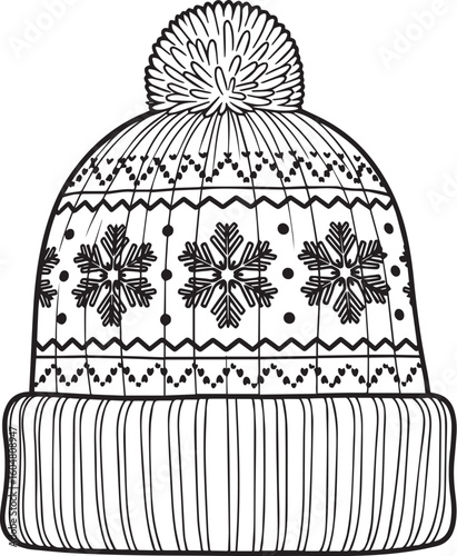 Knitted winter hat with pom and snowflake patterns vector