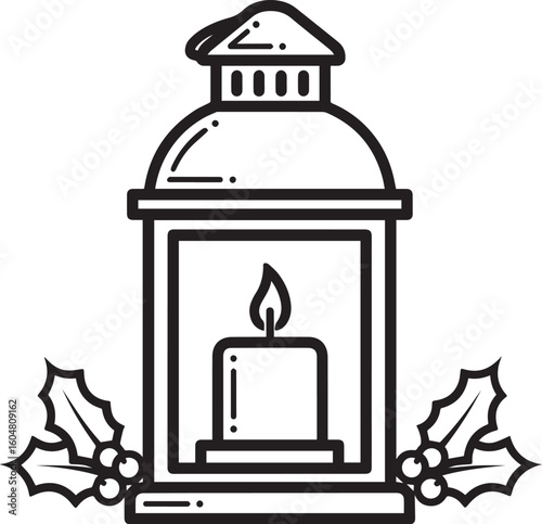 Festive lantern with burning candle and holly flame berries