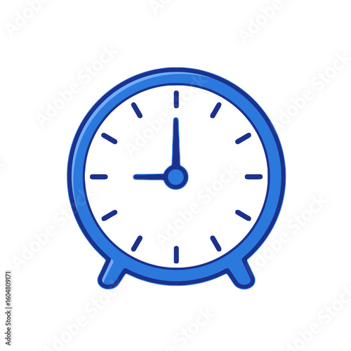 Blue alarm clock with clear face and simple design, transparent background.    
