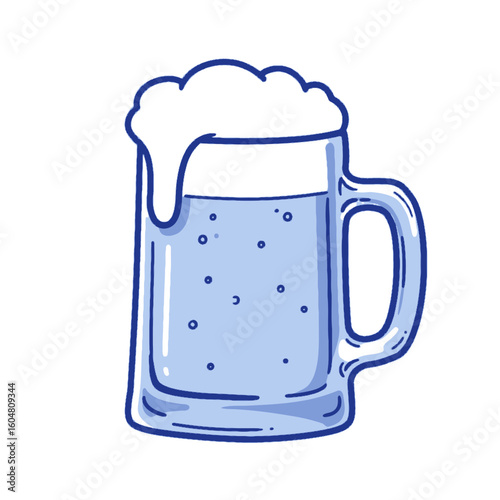 Clear glass beer mug with frothy foam and bubbles, transparent background.    