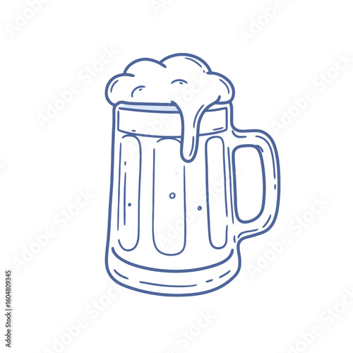 Hand-drawn beer mug overflowing with foam,  transparent background.  
