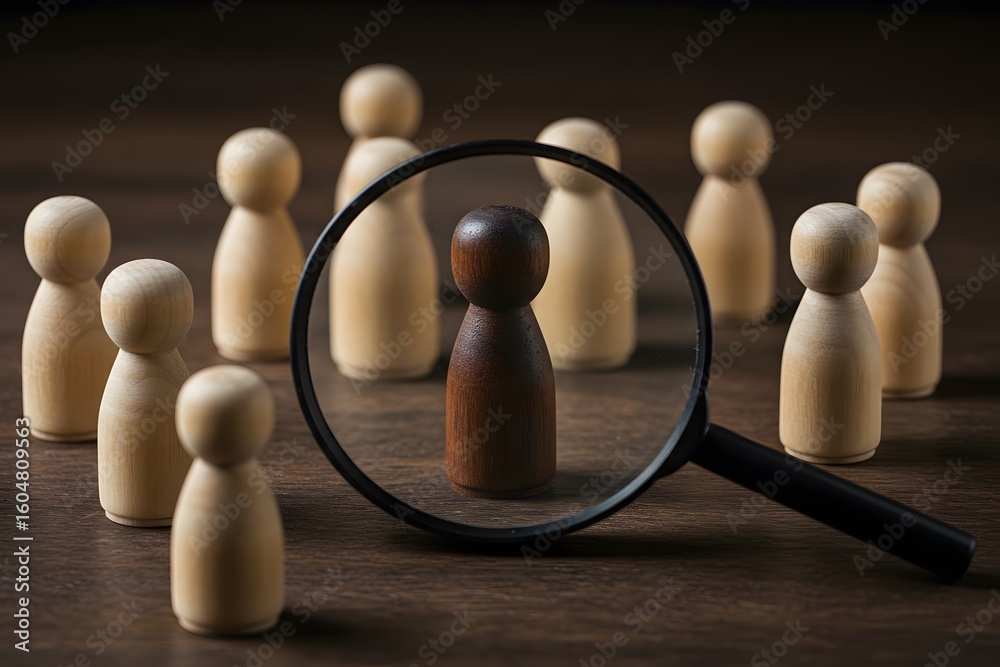 © Blind  - A magnifying glass focuses on a dark-skinned wooden figure among lighter-skinned ones, symbolizing the importance of diversity and inclusion in selection processes. Generated AI