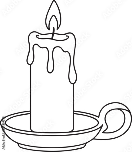 Burning candle with dripping wax on holder flame