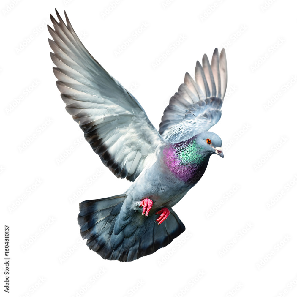 Naklejka premium A majestic pigeon with its wings spread wide in midflight, showcasing its colorful neck feathers and detailed plumage, isolated on a clean transparent background