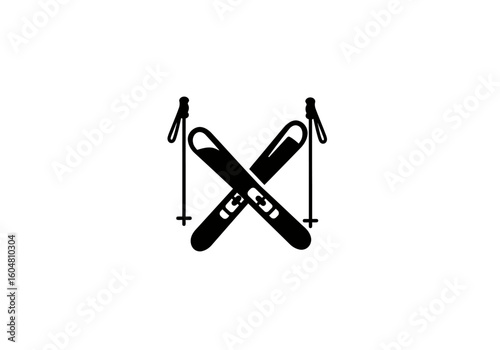 Black Skiing Equipment Silhouette with Crossed Skis and Poles on White.