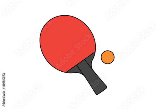 Red Ping Pong Paddle and Orange Ball Illustration on White Background.