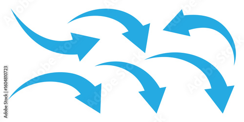 Curved arrows, hand drawn curved arrows. Blue long curve arrow icon set. Circular and rotating arrows. Vector illustration 
