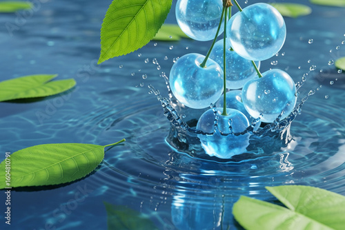 Crystalline Blue Cherries Create a Crown Splash in Serene Water