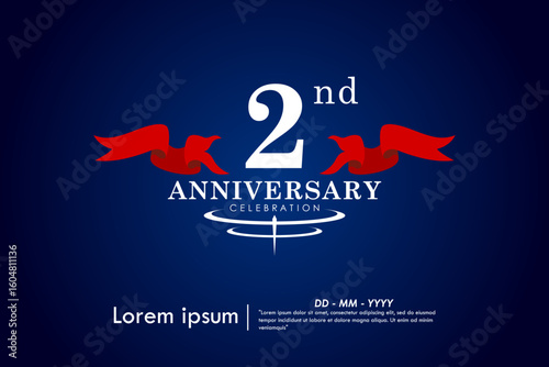 2nd years anniversary celebration emblem. congratulations elegant anniversary logo isolated with red ribbon on dark blue background. vector illustration template design for web banner	