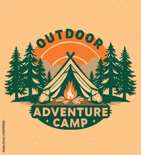 Vintage Outdoor Adventure Camp Logo with Tent Campfire and Pine Trees Badge Design
