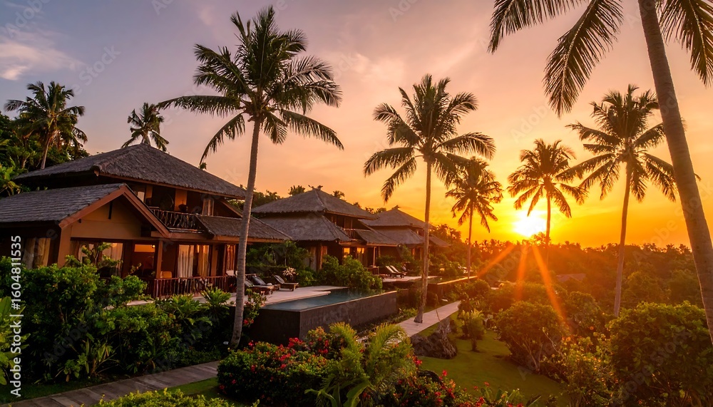 Obraz premium Tropical sunset villas overlooking a pool