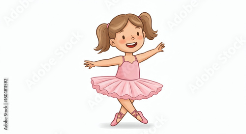 Playful cartoon drawing of a little girl in a pink ballerina outfit, spinning joyfully with arms wide open, wearing a tutu and ballet shoes, white background