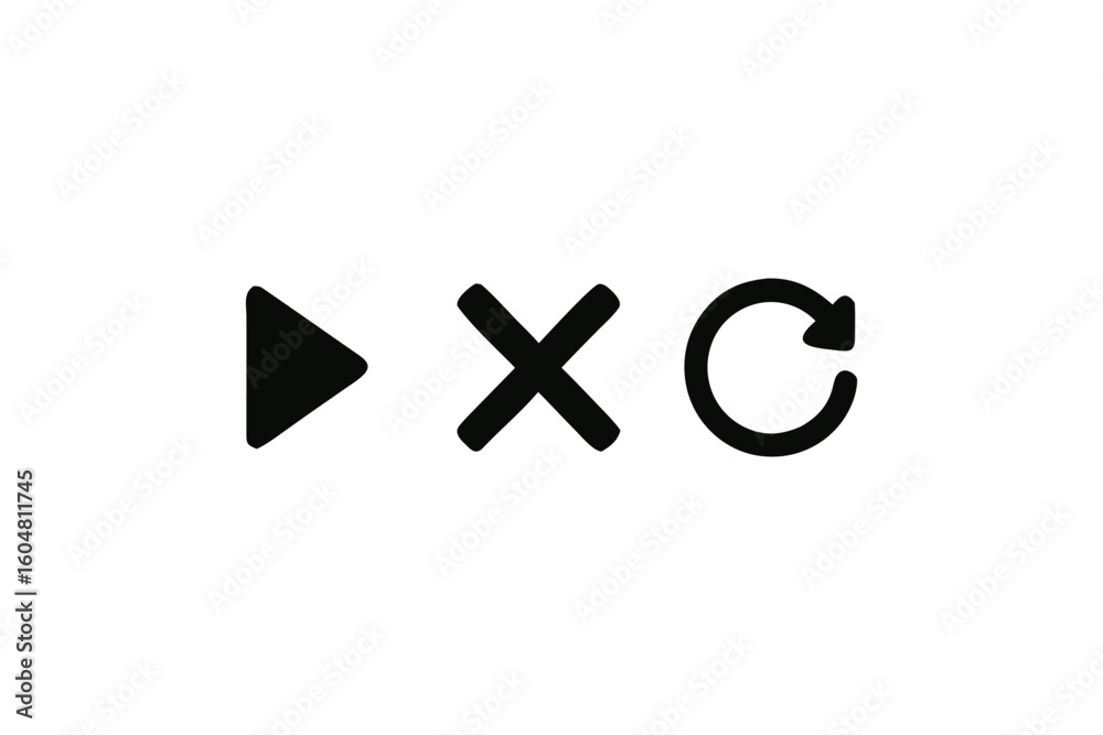 Fototapeta premium Play button, cross mark, and refresh icon are shown in a horizontal arrangement