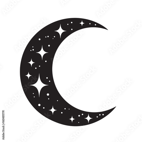 Crescent moon with sparkling stars and dots celestial