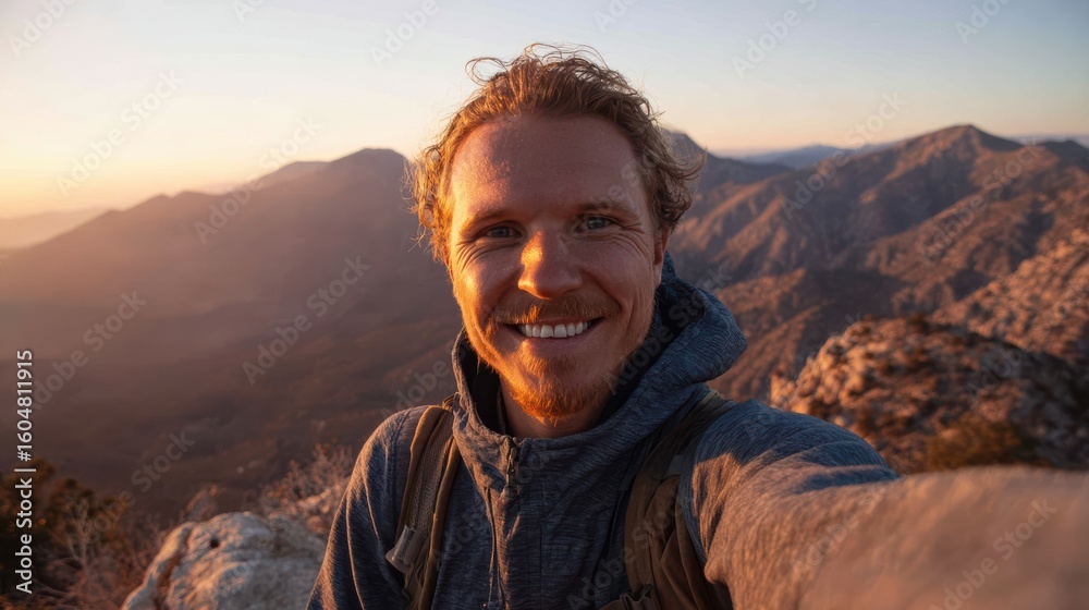 Naklejka premium Selfie of happy young man on hike with mountain peaks in background at sunrise.