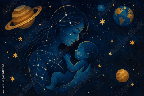Cosmic Motherhood: Celestial Constellations Cradling Baby – Starry Milk Droplets Flowing Through Galaxy, Planets Adorned with Global Breastfeeding Symbols in Ethereal Fantasy Art