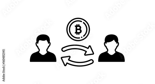A simple, monochrome illustration depicts a cryptocurrency transaction between two individuals, symbolizing digital finance and peer-to-peer exchange in business.