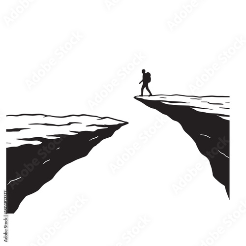 Hiker on cliff edge facing abyss backpack