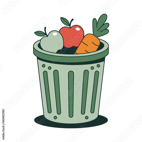 Cute and Colorful Fruit and Vegetable Compost Bin Illustration Promoting Sustainability and Healthy Eating Habits Featuring Apples and Carrots