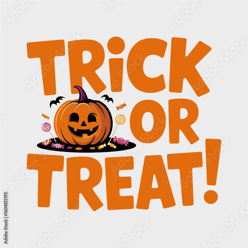 Orange trick or treat lettering with jack o lantern character, great for tshirt, paper bag design or vinyl sticker printable  