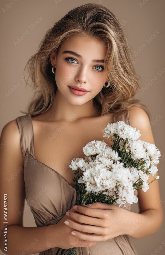 Beautiful female model, photograph with flowers in hand, wearing a white dress against a light-colored background Beautiful female model, photograph with flowers in hand, wearing a white dress against a light-colored background