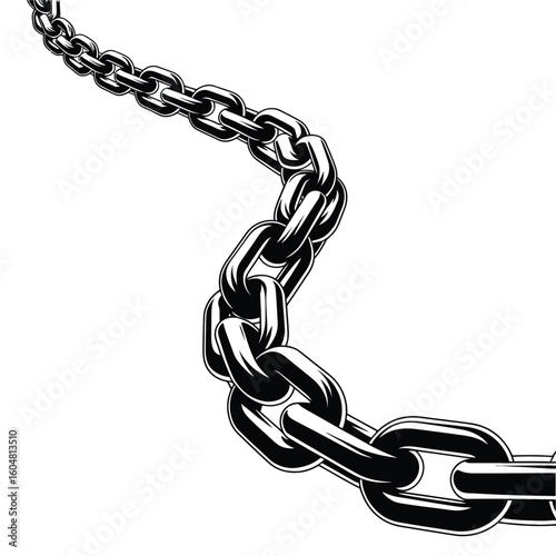 Curving metal chain with detailed links on white background