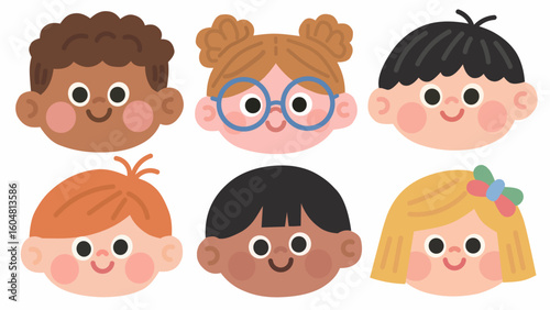 Cute collection of diverse child faces in flat cartoon style. Perfect for education, diversity, and fun themes.
