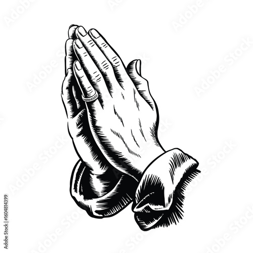 Detailed black and white illustration of praying hands