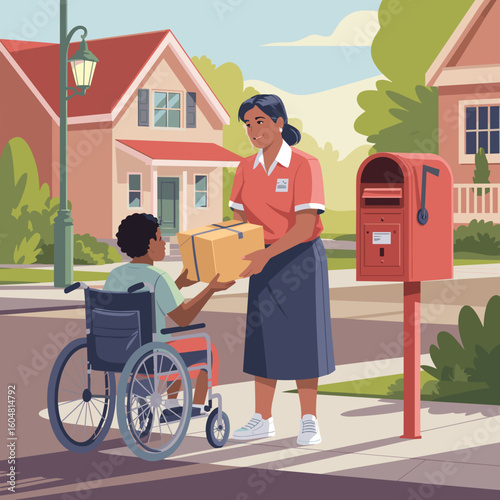 Woman delivering package to child in wheelchair on suburban street, International Mail Day