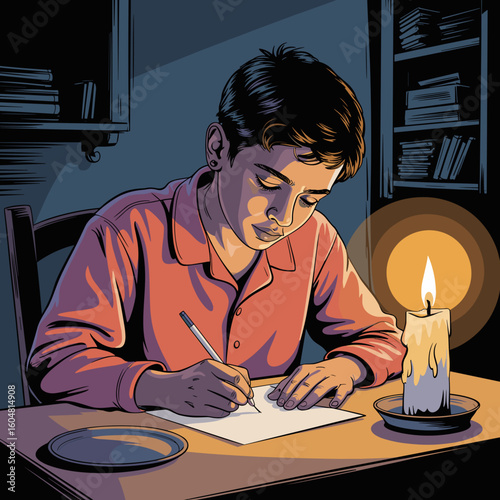 Young boy writing a letter by candlelight on desk at night, International Mail Day  