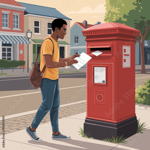 Young black man mailing letters at a red postbox in a suburban street, International Mail Day