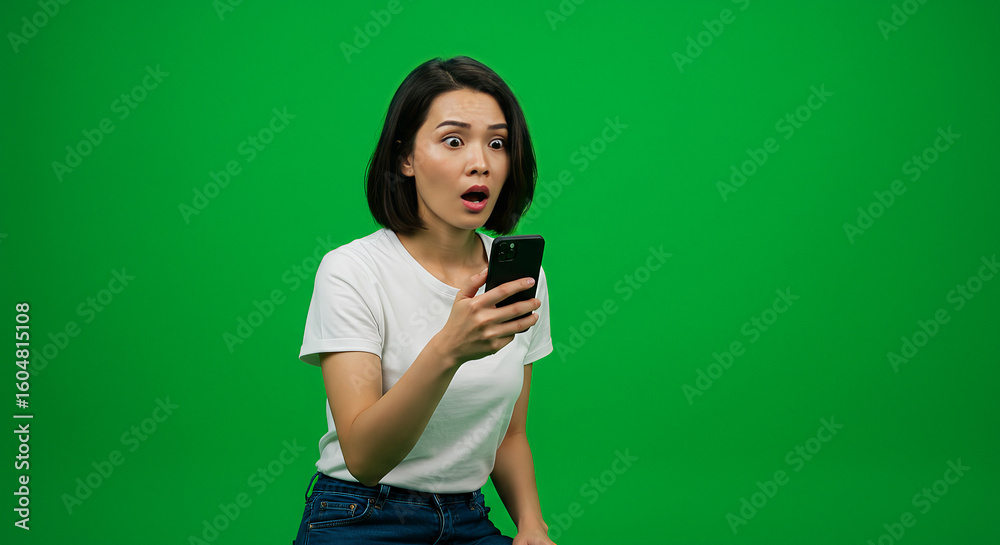 Woman looking surprised at smartphone Woman looking surprised at smartphone
