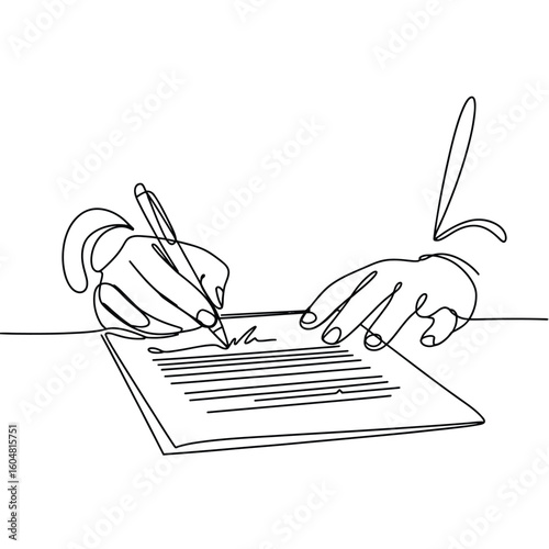 Continuous line drawing of hands signing a document with a pen